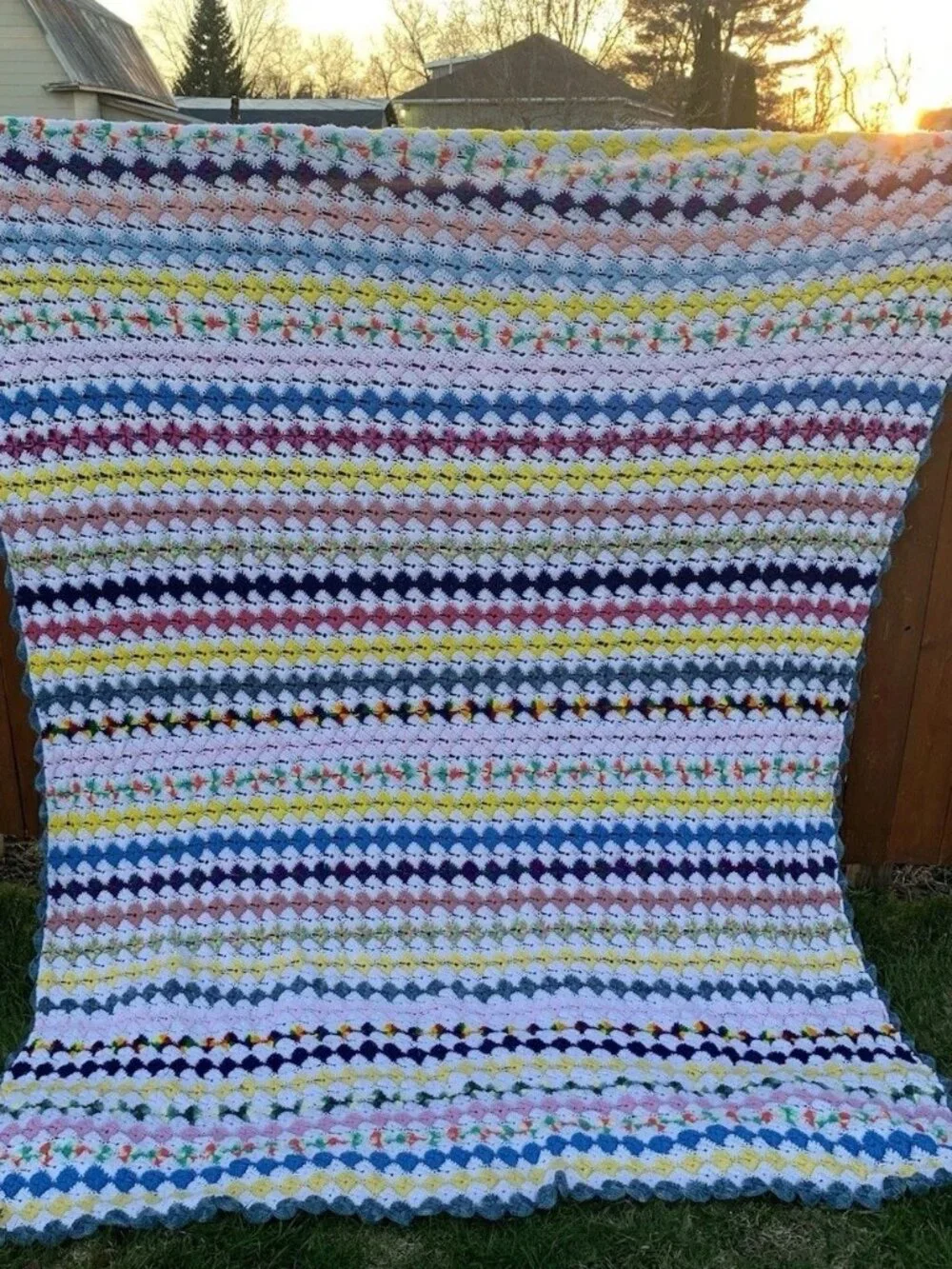 Hand Crocheted Afghan Blanket 96”x104” Multi color Diamond Stunning